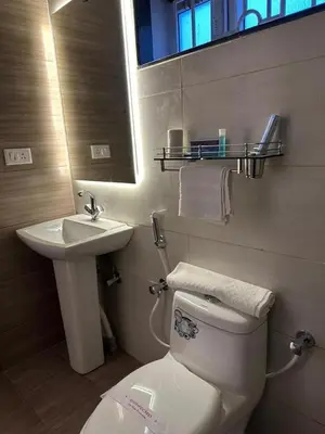a bathroom with a toilet and a sink and a mirror at Ponmari Villa in Ooty