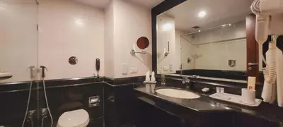 a bathroom with a sink and a large mirror at ASHOKA INN in Trichūr