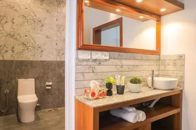 a bathroom with a sink and a toilet and a mirror at Softouch Ayurveda Village Kerala in Kizhake Chālakudi