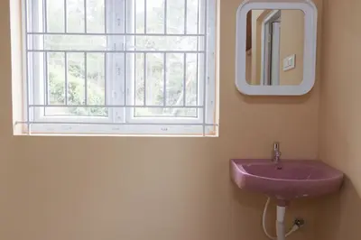 a bathroom with a pink sink and a window at Heath Cote in Ooty