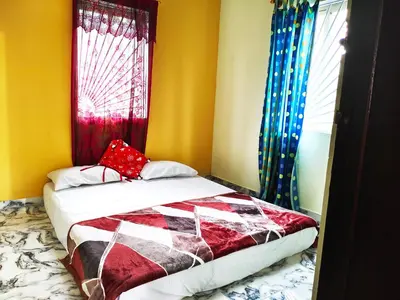 a bedroom with a bed and two windows at Mannat Inn (Peace Homestay) in Mysore