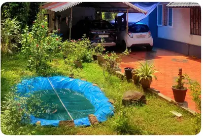 a backyard with a blue pool in the grass at Namasthe Inn AC, Ottapalam-Palakkad Highway, Lakkidi in Ottappālam