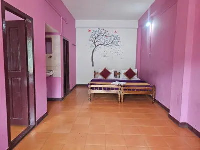 a bedroom with pink walls and a bed in a room at Cicily Cottage in Munnar