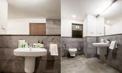 two pictures of a bathroom with a sink and a toilet at Treebo Brahma, Wayanad in Sultan Bathery