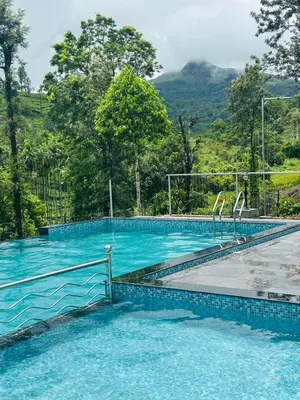a swimming pool with a mountain in the background at Marina Homestay in Devāla
