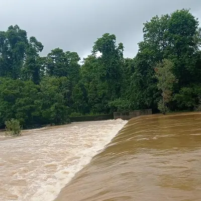 a raging river with trees in the background at KURUVA SHORELINE WAYANAD in Chekadi