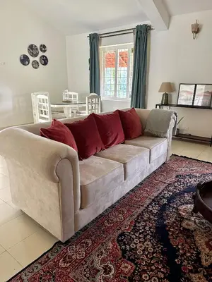 a living room with a couch with red pillows on it at Hoopoe House, Ooty in Ooty