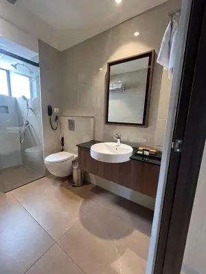 a bathroom with a sink and a toilet and a mirror at PRESIDENCY AIRPORT HOTEL in Cochin