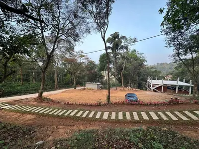 a car parked on a dirt road next to trees at Coorg Jungle Mist in Madikeri