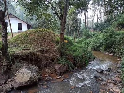 a stream of water with a house in the background at Creek Side in Madikeri