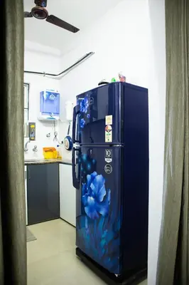 a refrigerator with blue flowers painted on it in a kitchen at Elite Dharshan H5 - AC 2 BHK Apartment near Guruvayur Temple in Guruvāyūr