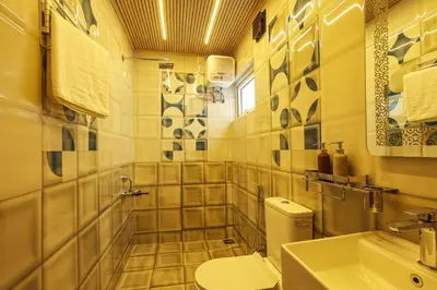 a bathroom with a toilet and a sink at Green Wood Hill Cottage in Ooty