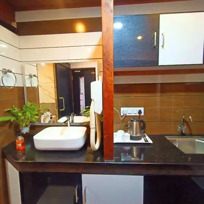 a bathroom with a sink and a mirror at Empire Private Pool Villa in Kalpetta