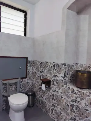 a bathroom with a toilet and a bath tub at Heritage Home, Hampe's in Mysore