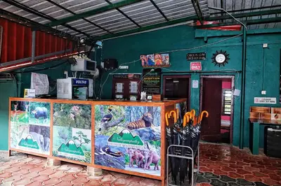 a green building with a counter with pairs of scissors at Hill Valley Farm House in Nelliyampathy