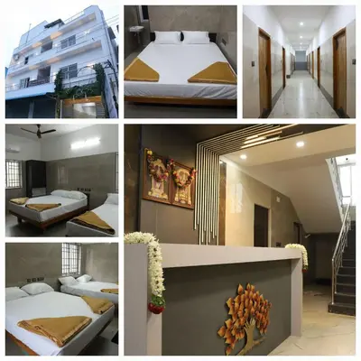 a collage of four pictures of a hotel room at Viruksham Residency in Palani