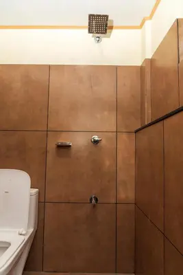 a bathroom with a shower with a toilet and a sink at treevillawayanad in Vythiri