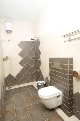 a bathroom with a toilet and a tiled wall at The Alpine Inn in Gūdalūr