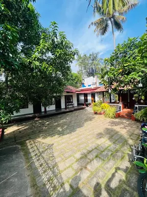 a courtyard of a building with a palm tree at Dove cottage in Cherai Beach