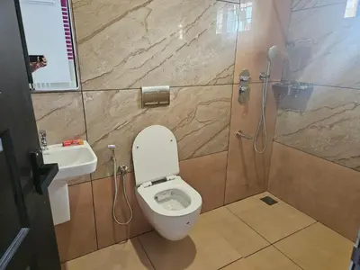 a bathroom with a toilet and a sink and a shower at MATHER RAJAGIRI FURNISHED APARTMENTS in Alwaye