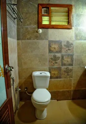 a bathroom with a white toilet and a window at Royal Wooden villa in Mananthavady
