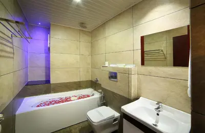 a bathroom with a tub and a toilet and a sink at Hotel C7 Munnar in Munnar
