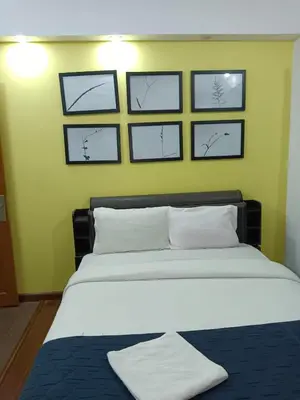 a bedroom with a bed with four pictures on the wall at Savi's home stay in Ooty