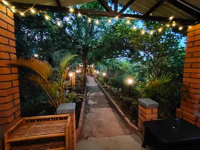 a garden with a bench under a string of lights at Silver Spruce 2BHK Entire Floor Kotagiri in Kotagiri