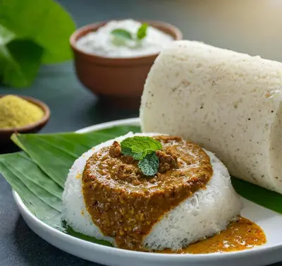 a plate of food with a piece of bread and dip at Avalon Homes in Perintalmanna