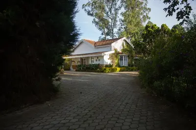 a white house with a driveway in front of it at Marlihill Bungalow - A CGH Earth SAHA Experience in Ooty