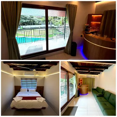 two pictures of a room with a bed and a balcony at Mangrove Heritage Home, Chendamangalam in Cochin