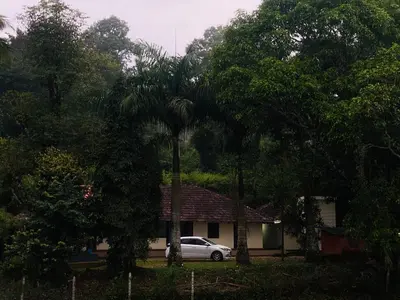 a car parked in front of a house with a palm tree at Winter Villa Karapuzha in Wayanad