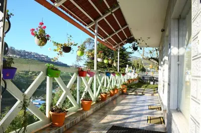 a balcony with potted plants on a fence at Serene Hills in Ooty