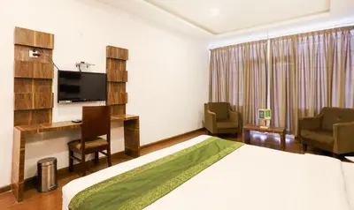 a bedroom with a bed and a desk and a television at Treebo Skydale Inn & Suites With Mountain View in Ooty