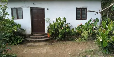 a white house with a brown door and some plants at Sundara vana estate stay madikeri in Madikeri