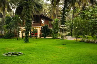 a house in the middle of a green yard at Villa Woods & Palms in Pollāchi