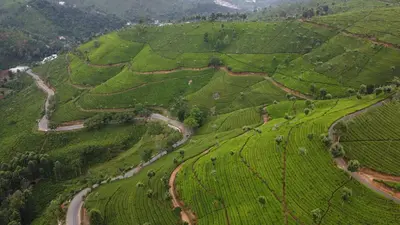 an aerial view of a green field with a road at Casa de Selas in Coonoor
