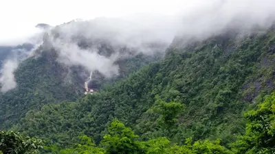 a mountain covered in mist and clouds with trees at Valley View Avenue in Meppādi