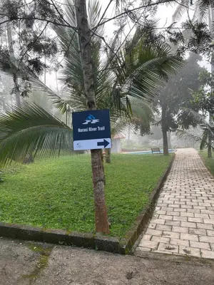 a sign on a palm tree next to a sidewalk at Mahogany by Exuberance Stays in Wayanad