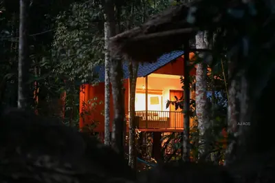 a cabin in the woods with a deck in the trees at BLUE CREEK in Meppādi
