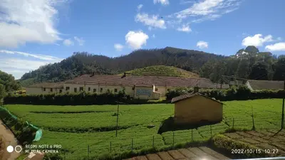a farm building in the middle of a green field at Forest Gate villa in Ooty