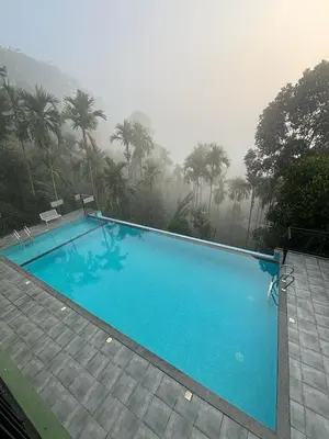 a blue swimming pool with palm trees in the background at Lush Hills by Benchmark in Kalpetta