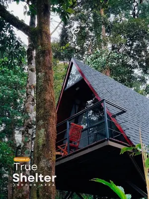 a tree house in a forest with a red chair at Forestscape Resort Munnar in Munnar