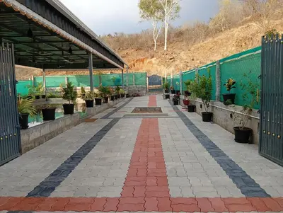 a greenhouse filled with potted plants on a sidewalk at Sathyam Resorts in Dharmapuri