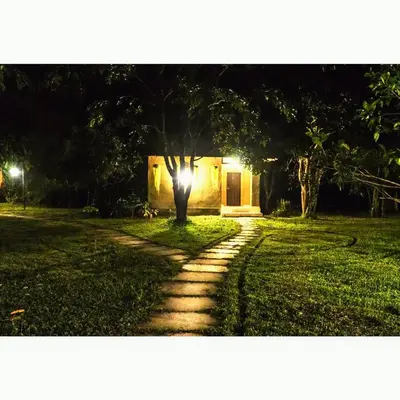 a tree in front of a house at night at The Road's End in Gonikoppal