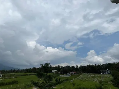 a field with trees and a cloudy sky at Bro Code Marayoor A Premium Family Friendly Retreat with Panoramic Mountain Views in Marayoor