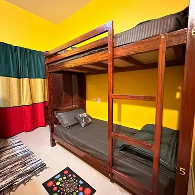 a bedroom with bunk beds in a yellow wall at Rastafari - The Backpackers Hostel in Ooty