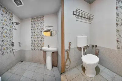 two pictures of a bathroom with a toilet and a sink at Super Collection O Kushal Nagar Near KSRTC Bus Stand in Madikeri