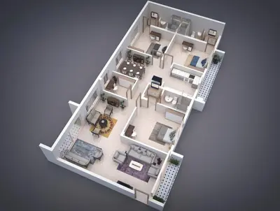 a rendering of a floor plan at 7 Elysee Homestay - Onyx - Premium 3BHK Family Flat in Trichūr