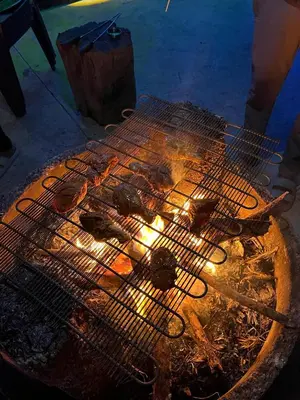 a grill with some meat on top of it at Preetham Homestay in Kushālnagar